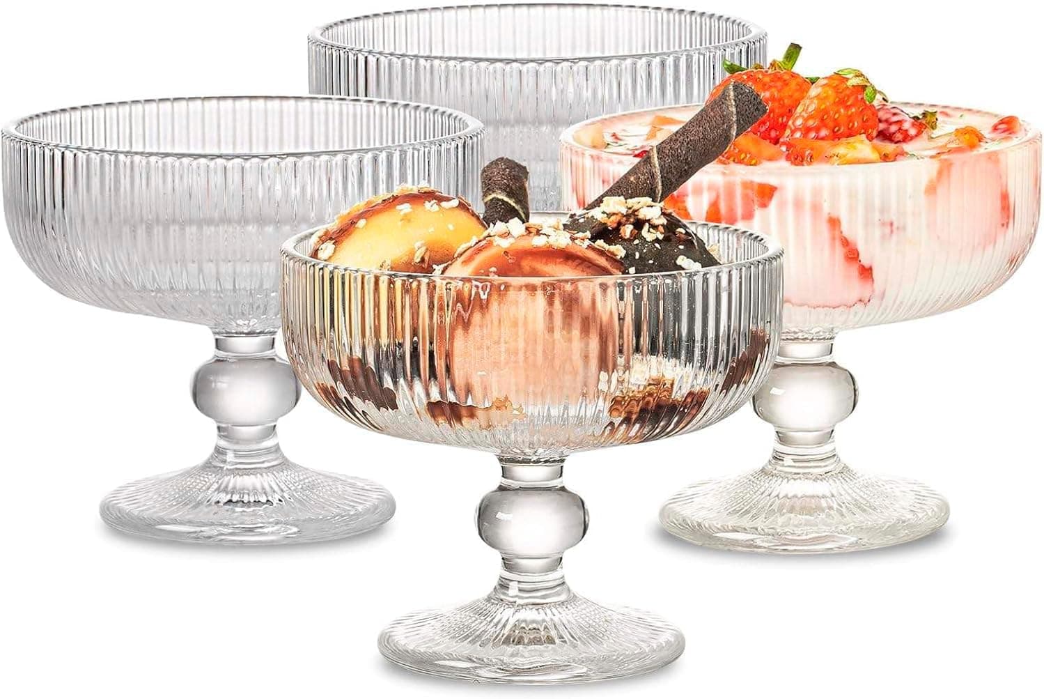 Conjunto de 6 Taças em Vidro - Jogo Canelado para Sobremesa e Sorvete, 320ml